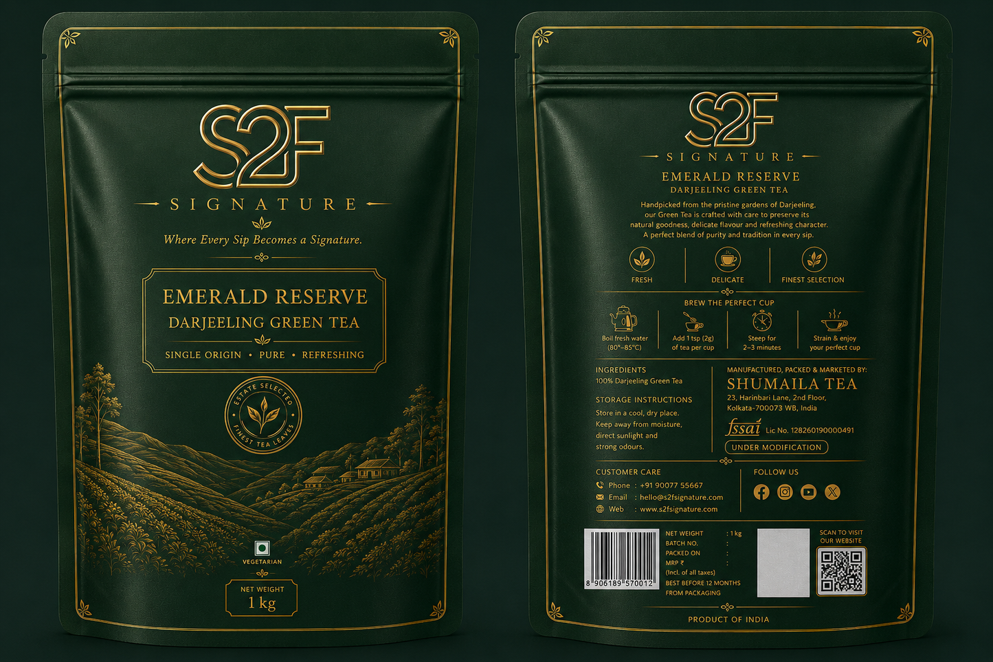 S2F Signature Emerald Reserve Pure Darjeeling Green Tea 1kg Front and Back Packaging View
