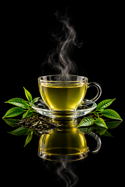 S2F SIGNATURE premium green tea with fresh tea leaves and steaming golden green tea