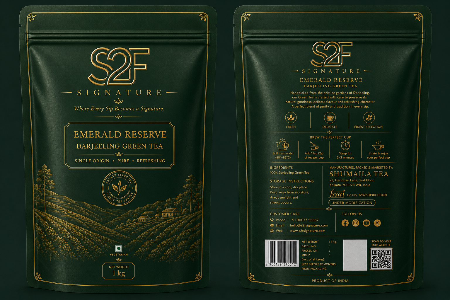 S2F Signature Emerald Reserve Pure Darjeeling Green Tea 1kg Front and Back Packaging View