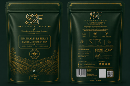 S2F Signature Emerald Reserve Pure Darjeeling Green Tea 1kg Front and Back Packaging View