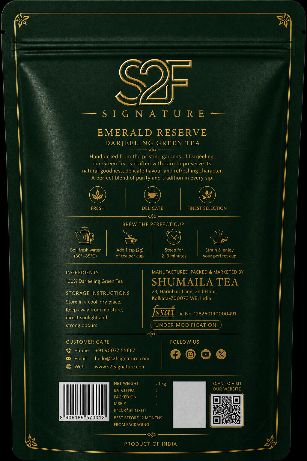 S2F Signature Emerald Reserve Green Tea 1kg Back Packaging with Ingredients and Brewing Instructions