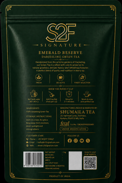 S2F Signature Emerald Reserve Green Tea 1kg Back Packaging with Ingredients and Brewing Instructions