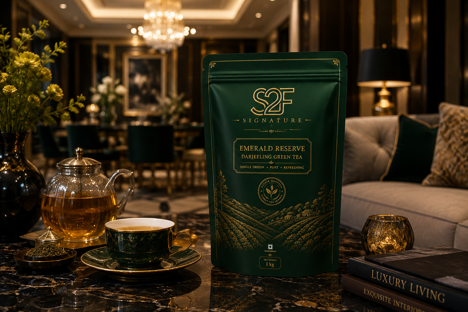 S2F Signature Emerald Reserve Luxury Green Tea Packaging Displayed with Glass Teapot
