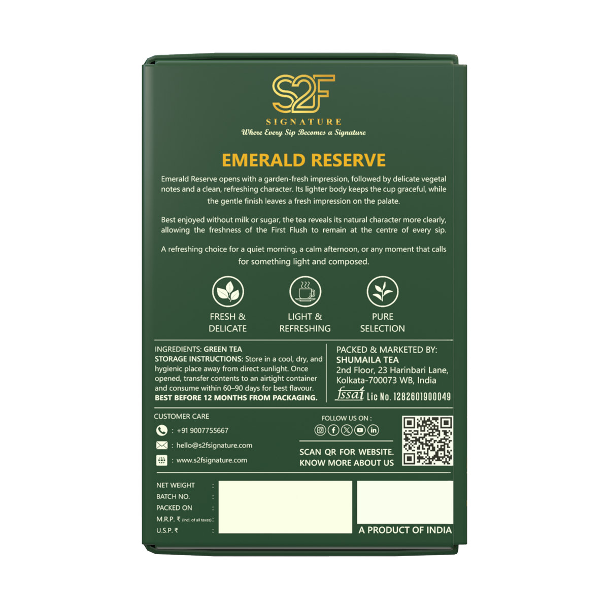 S2F Signature Emerald Reserve Pure Green Tea 100g box packaging back view showing product details ingredients and QR code on transparent background