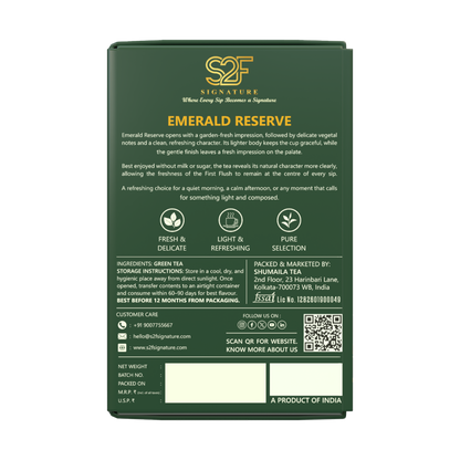 S2F Signature Emerald Reserve Pure Green Tea 100g box packaging back view showing product details ingredients and QR code on transparent background