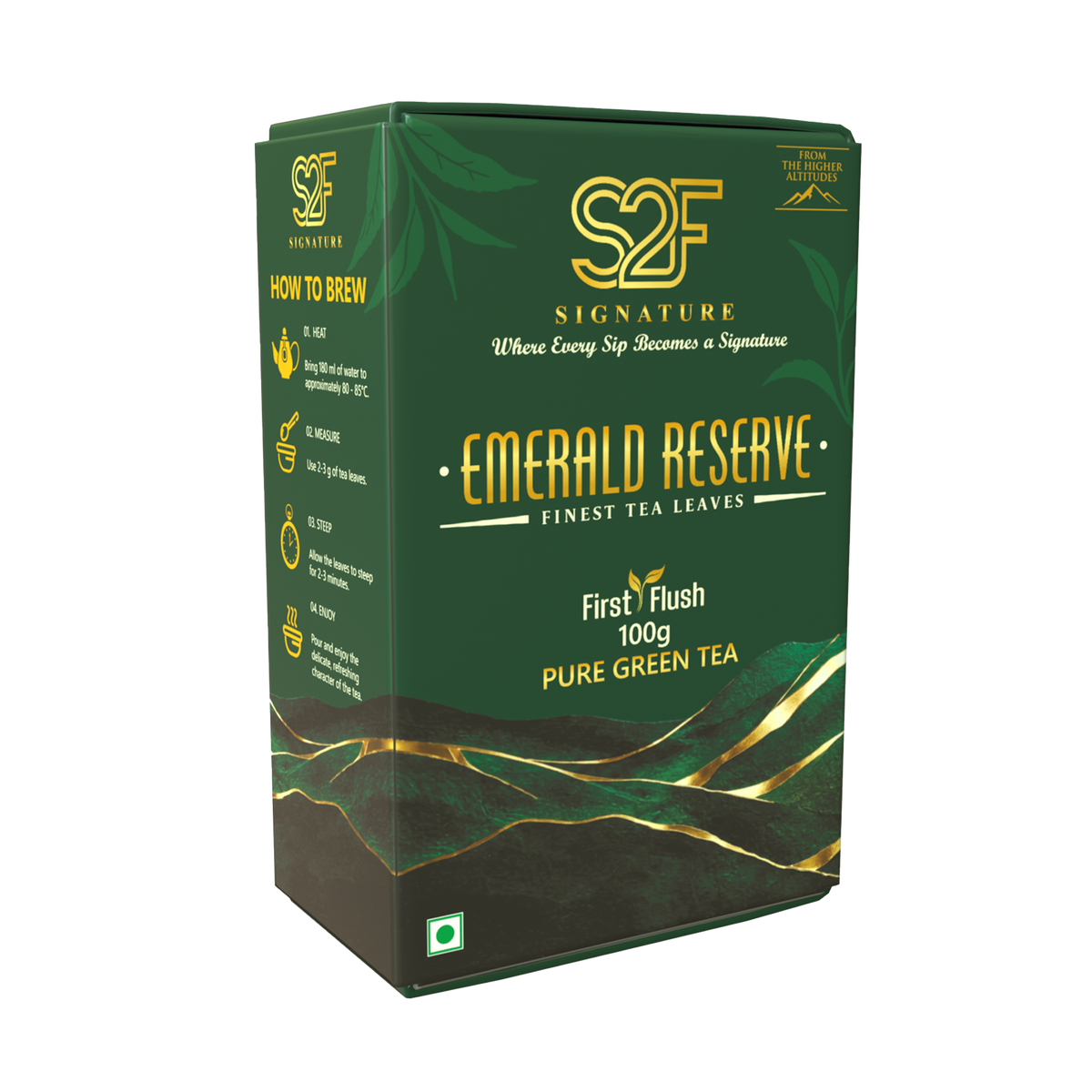 S2F Signature Emerald Reserve Pure Green Tea 100g box packaging front view showing logo and product label on transparent background