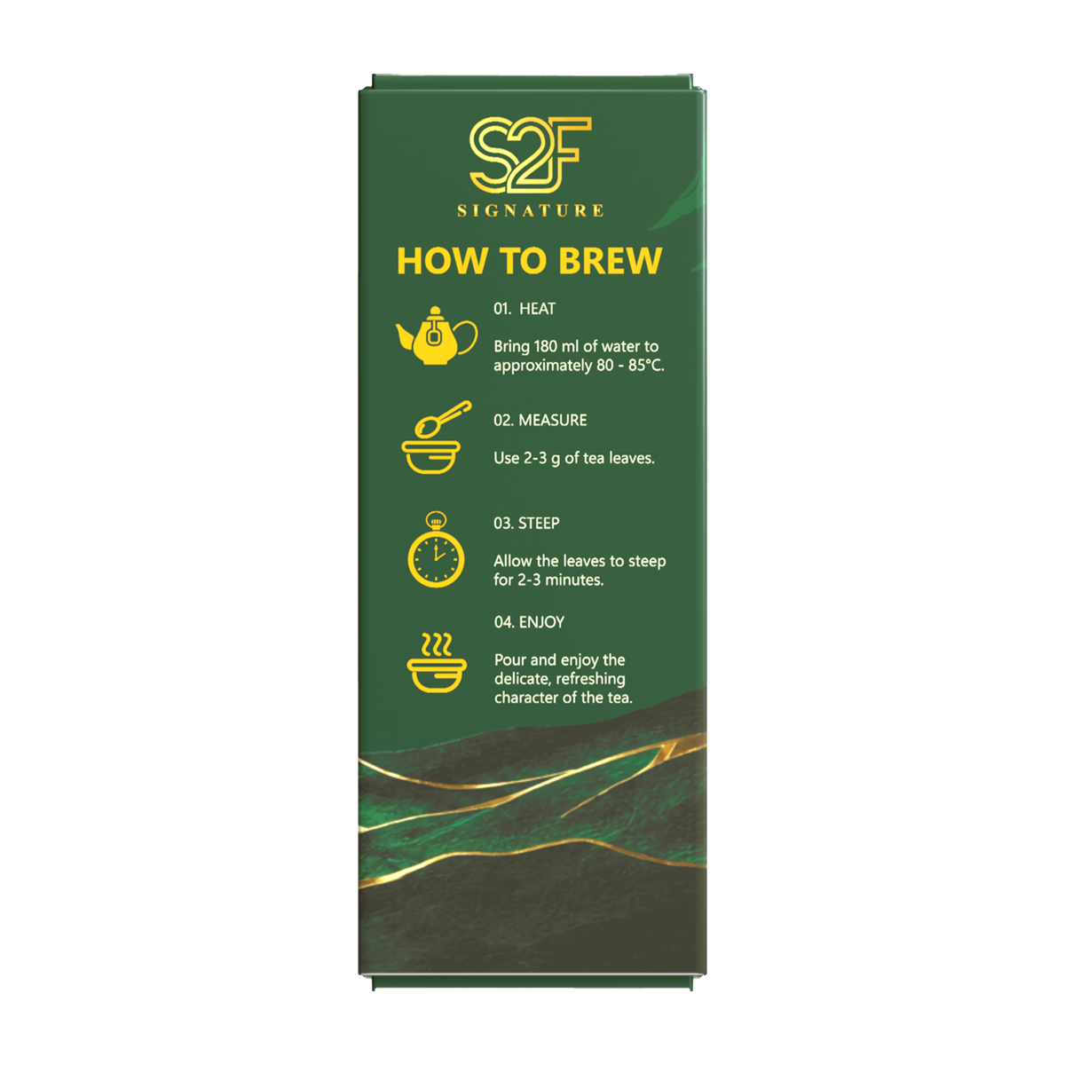 S2F Signature Emerald Reserve Pure Green Tea 100g box packaging left side view showing How to Brew step by step instructions on transparent background
