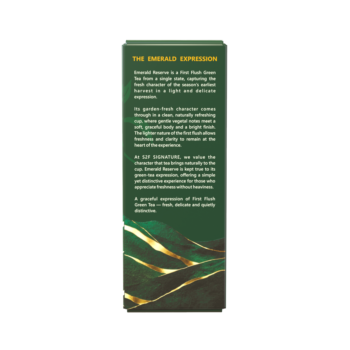 S2F Signature Emerald Reserve Pure Green Tea 100g box packaging right side view showing The Emerald Expression description text on transparent background