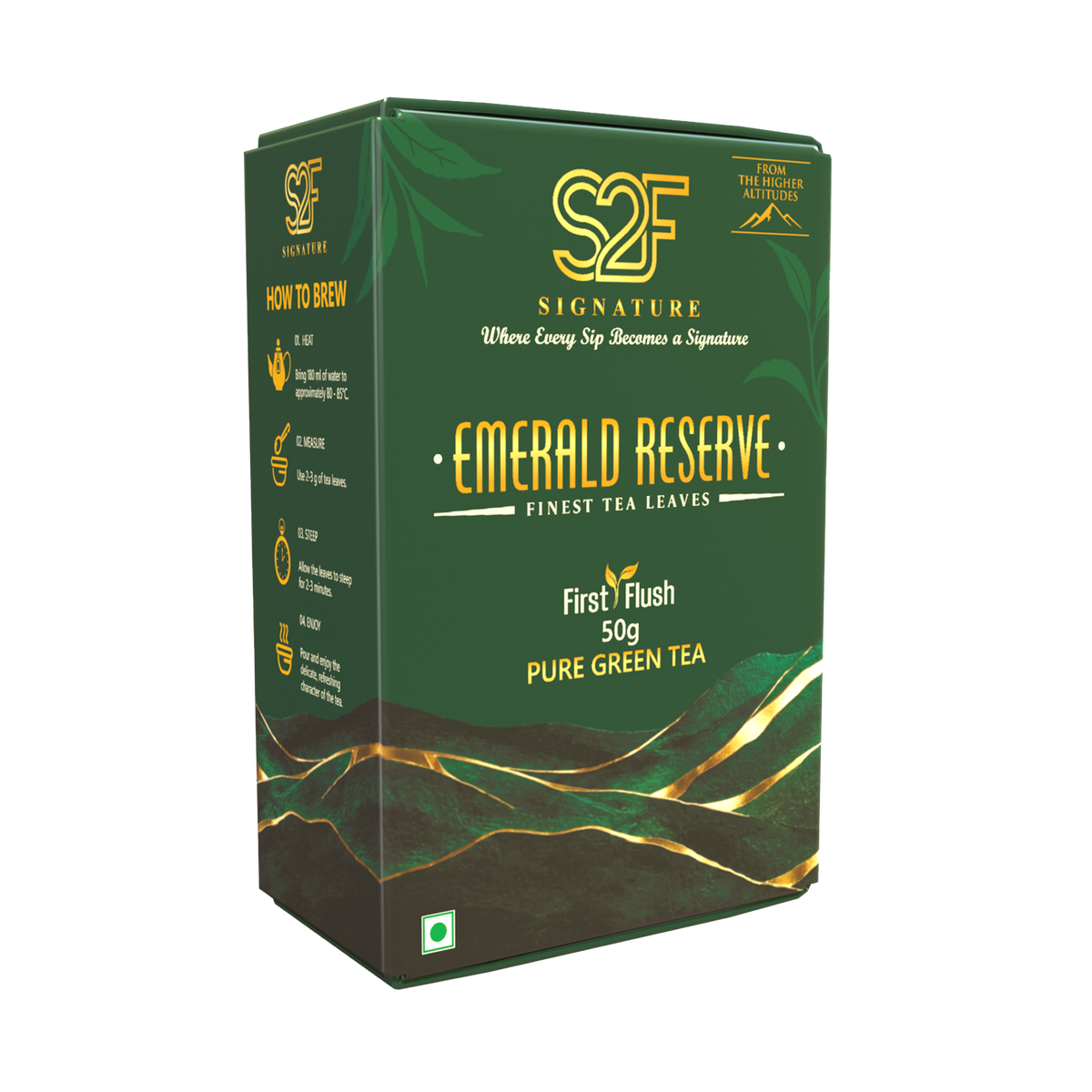 S2F Signature Emerald Reserve Pure Green Tea 50g box packaging front view showing logo and product label on transparent background