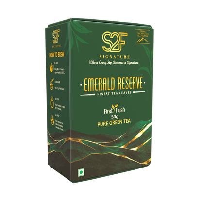 S2F Signature Emerald Reserve Pure Green Tea 50g box packaging front view showing logo and product label on transparent background