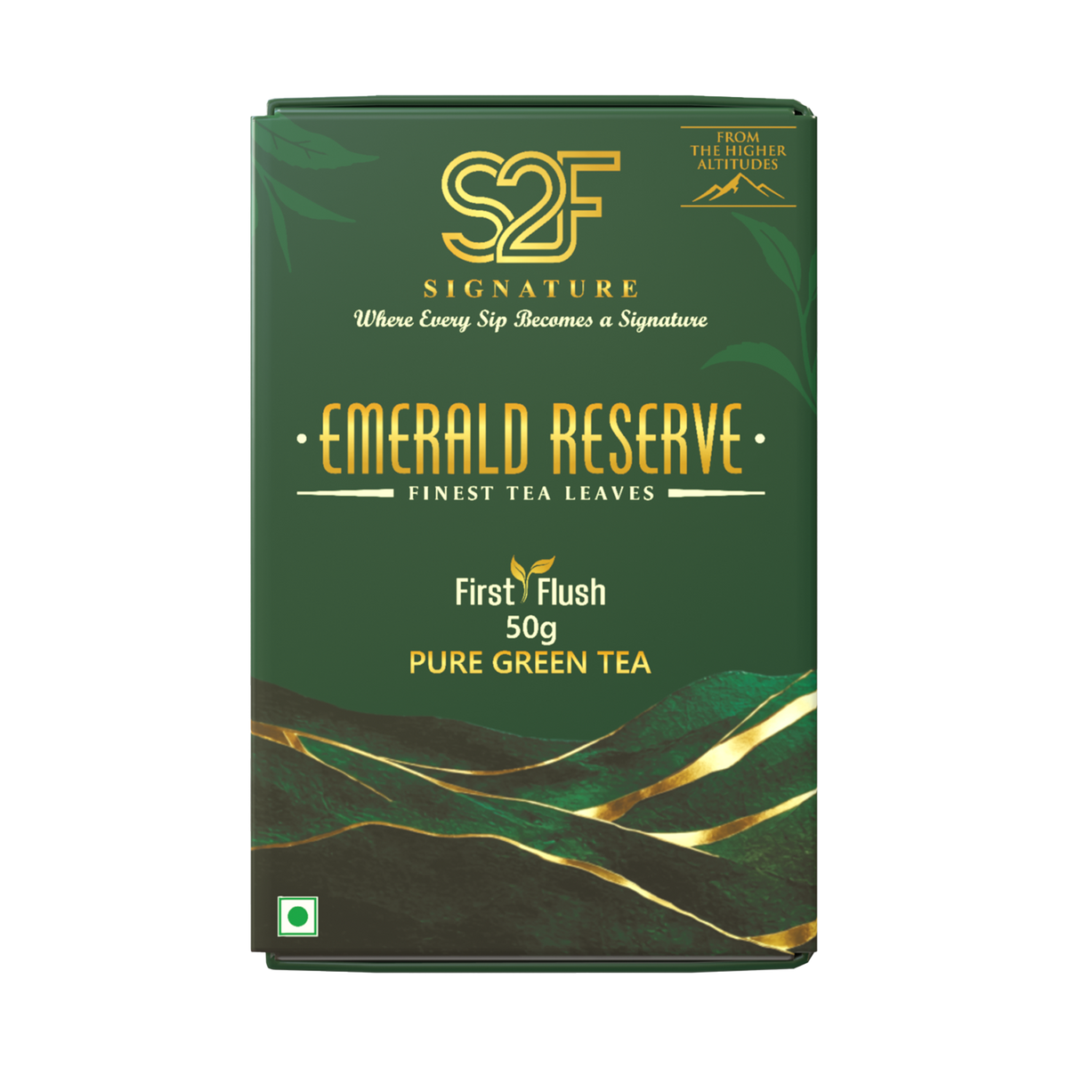 S2F Signature Emerald Reserve Pure Green Tea 50g box packaging front view showing logo and product label on transparent background