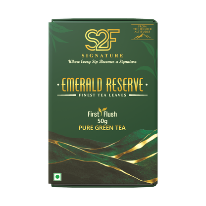 S2F Signature Emerald Reserve Pure Green Tea 50g box packaging front view showing logo and product label on transparent background